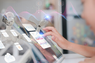 learning concept children using computer in classroom working with robot analysing or creating program and data chart, kid skill development and activity