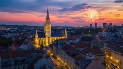 Fototapeta premium Spectacular cityscape featuring church, fireworks display, and vibrant twilight sky
