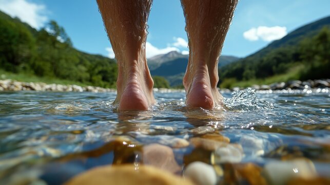 A person's feet are in the water, and the water is clear