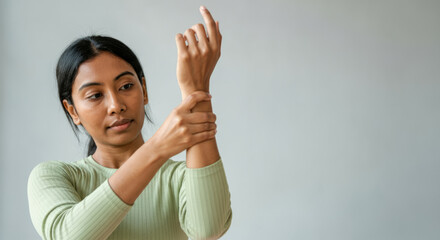 Young asian female demonstrating wrist exercise in green top
