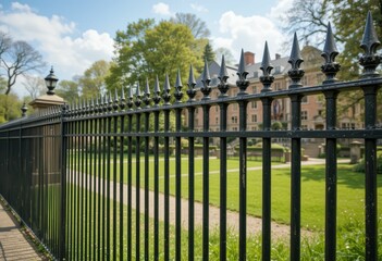 Elegant Black Iron Fence Surrounding Lush Green Park Landscape