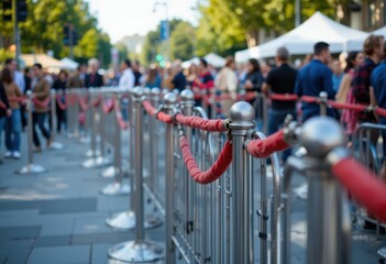 Outdoor Event Queue with Red Barriers and Busy Crowd in Background