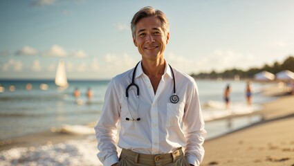 A smiling man in a white shirt with a stethoscope stands on a beach at sunset.