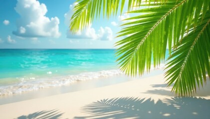 Fototapeta premium Crisp coconut leaf shadow on pristine beach, soft focus sea, focus, graphic