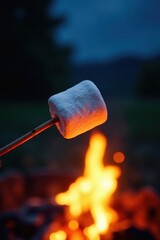 Close-up of marshmallow on stick above crackling campfire flames under night sky , bonfire, heat, nocturnal