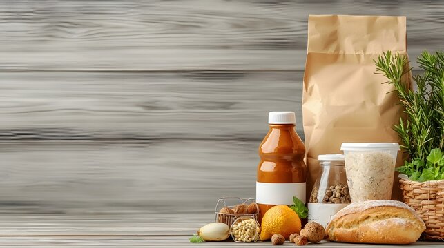 Neatly arranged biodegradable food packaging made from recycled organic waste displayed with clean minimalist design and ample space for text overlay or product branding