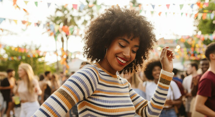 Joyful african female young adult dancing outdoors at a festival