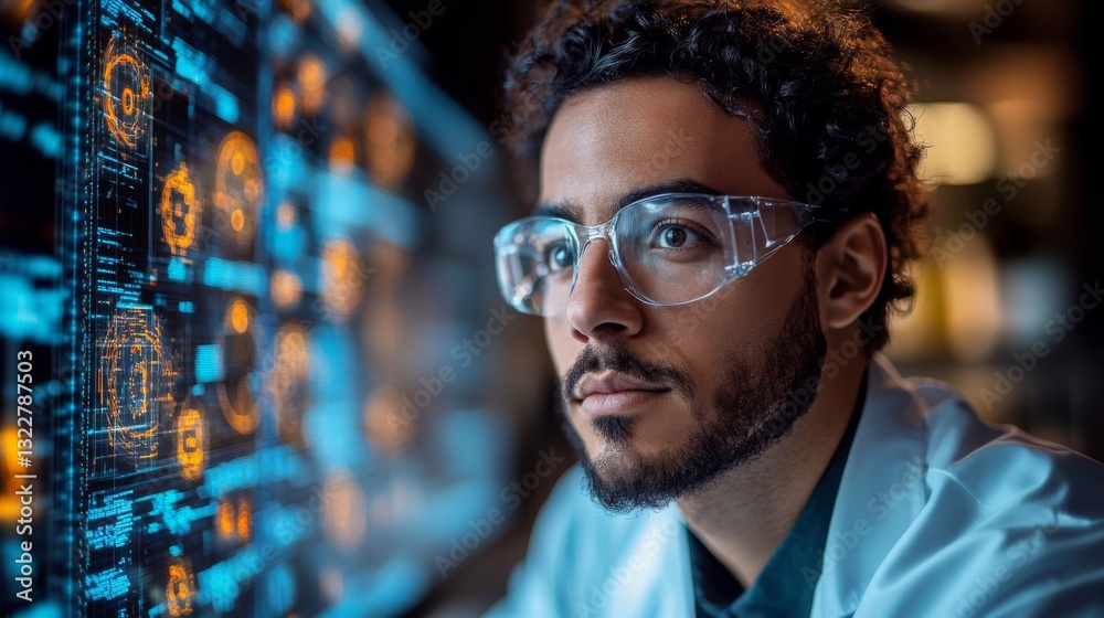 Poster A scientist focused on quantum physics examines complex data regarding qubits and entanglement on an advanced digital interface in a laboratory setting.