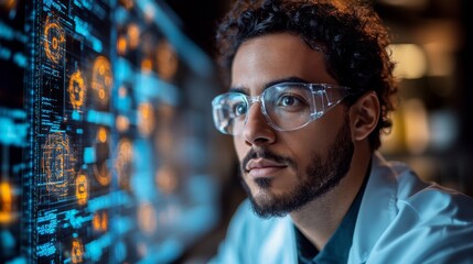 A scientist focused on quantum physics examines complex data regarding qubits and entanglement on an advanced digital interface in a laboratory setting.