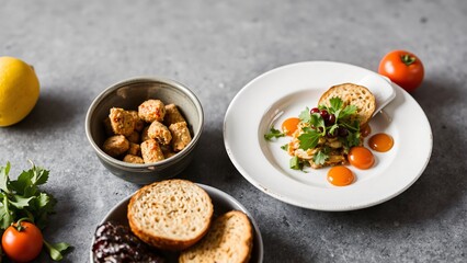 Gourmet Meal Appetizers and Main Course with Bread
