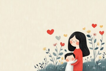 minimalistic illustration of mother's love for her little child,Concept of mother's day, mother's love, relationships between mother and child. , copy space