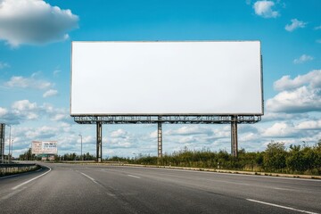 Empty Billboard Along Highway Under Bright Blue Sky and Clouds