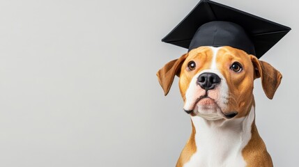 Graduate Staffordshire Terrier Portrait - A clever Staffordshire Terrier dog, wearing a graduation cap, symbolizes intelligence, achievement, learning