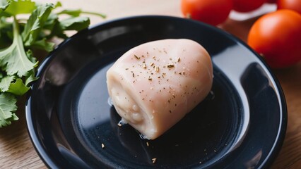 Single Seasoned Chicken Breast Roll on Dark Plate with Tomatoes and Herbs