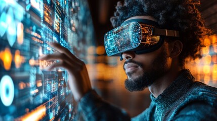 A person engages with a virtual reality interface, interacting with quantum computing elements such as qubits and superposition. Bright graphics illustrate complex algorithms and datasets dynamically.