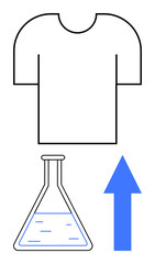 T-shirt, liquid-filled lab flask, and upward arrow representing sustainable fashion, innovation, eco-friendly ideas, progress, experimentation, organic products and research-driven solutions. Flat