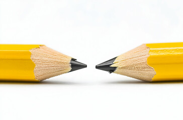 Fototapeta premium Closeup of Two Identical Yellow Pencils Pointing Toward Each Other on a Clean White Background with Minimalist Aesthetic and Sharp Details