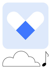 Heart motif with blue and white geometric shapes, floating cloud, and musical note. Ideal for health, creativity, technology, music, connection harmony and branding. Flat simple metaphor