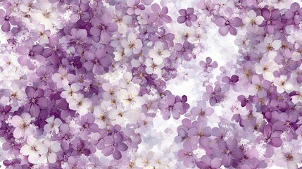 96.A realistic vintage floral seamless pattern featuring small mauve and lilac flowers arranged in scattered clusters over a soft white background. The delicate and detailed design captures the