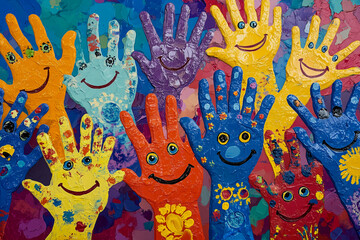 Multiple Hands, Each Uniquely Painted in Bright and Diverse Colors, with Playful