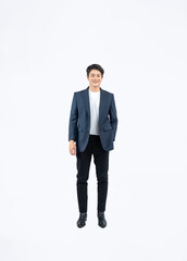 Full body image of a young Asian business man posing on a white background	