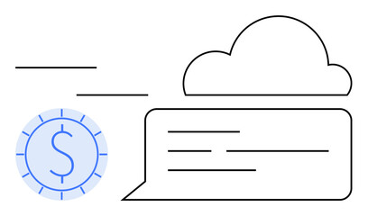 Dollar coin graphic, speech bubble with text lines, and cloud icon. Ideal for finance, cloud technology, data transfer, online communication, fintech business customer support. Flat simple metaphor
