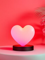 Illuminated Heart on Pedestal - Glowing heart shape on a dark base, set against a vibrant red backdrop. Romantic and modern