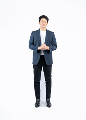 Full body image of a young Asian business man posing on a white background	