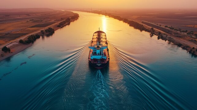 A large cargo ship moves steadily along a tranquil river during sunset, with golden sunlight shimmering on the water, surrounded by lush landscapes and distant horizons.