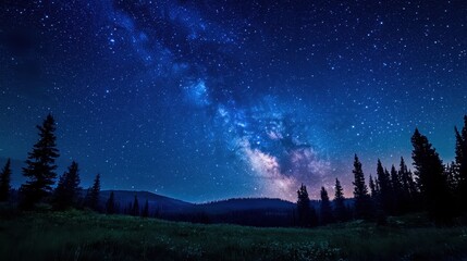 A breathtaking starry night sky filled with countless twinkling stars illuminates the scene, while a majestic mountain looms in the background, framed by silhouetted trees in the foreground.