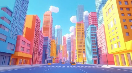A colorful cartoon illustration of a city with tall buildings