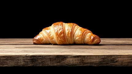 Low-key shot of a freshly baked croissant, its golden flaky layers illuminated by a soft side light