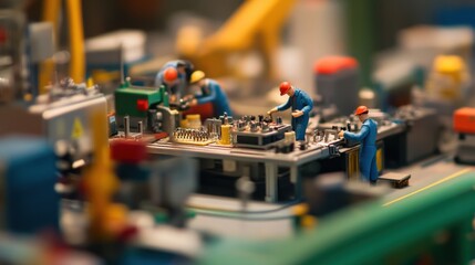 Obraz premium Miniature Workers Engaged in Precision Manufacturing Process Details