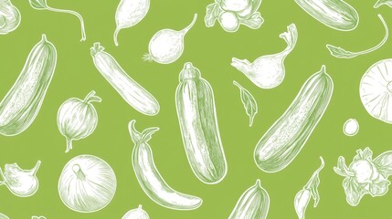 111.A seamless hand-drawn vegetable pattern featuring simple, elegant linear sketches of various vegetables such as cucumbers, radishes, and peppers. The design is clean and modern, with white lines