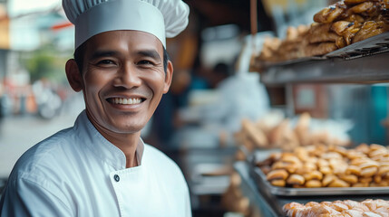 Smiling chef in uniform exudes warmth and professionalism, embodying culinary passion and expertise.
