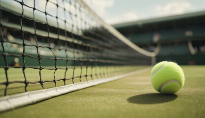 Tennis Ball at the Net on a Grass Court