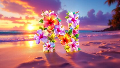 Floral Letter N on Beach at Sunset with Tropical Vibe