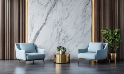 Luxury living room interior with blue armchairs, marble wall, and gold coffee table.