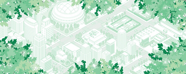 新緑の街並みイラスト. アイソメ図.