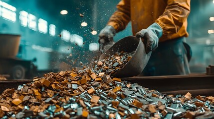 Crushed battery materials being separated into reusable metals using an industrial conveyor belt system at a recycling facility with open space for text overlay