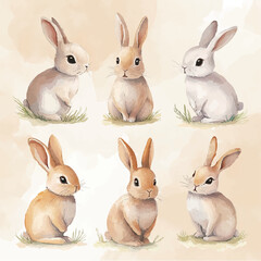 Watercolor Easter Bunny Clip Art. Vector illustration with hand drawn rabbit. Each element is isolated and movable.