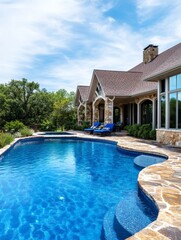 Fototapeta premium Luxury Backyard Pool and Stone Home - Stunning blue pool with stone patio and luxury home in the background, perfect for summer relaxation