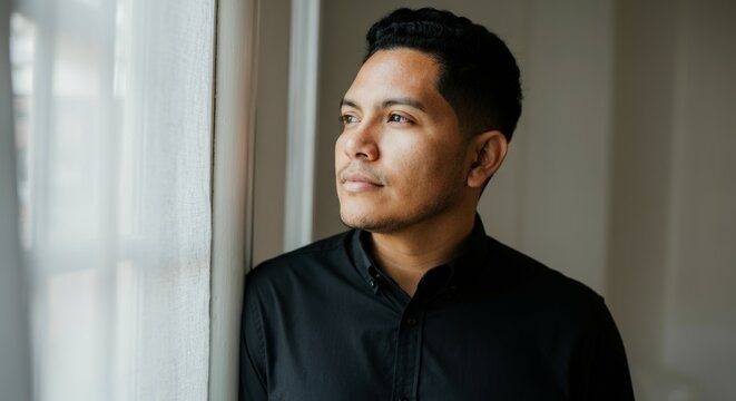 Hispanic young adult male gazing out of window in thoughtful pose