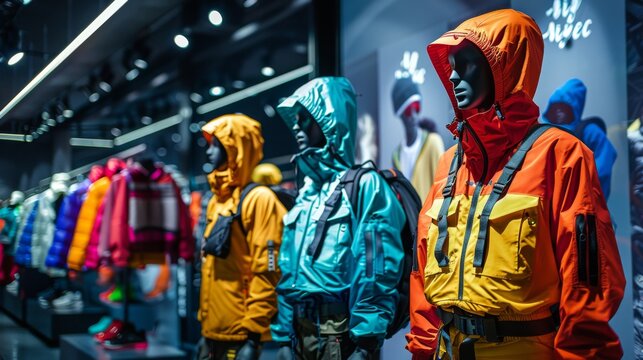 Mannequins dressed in vibrant jackets lined up in a contemporary store setting, highlighting winter apparel and outdoor adventure categories during the day.