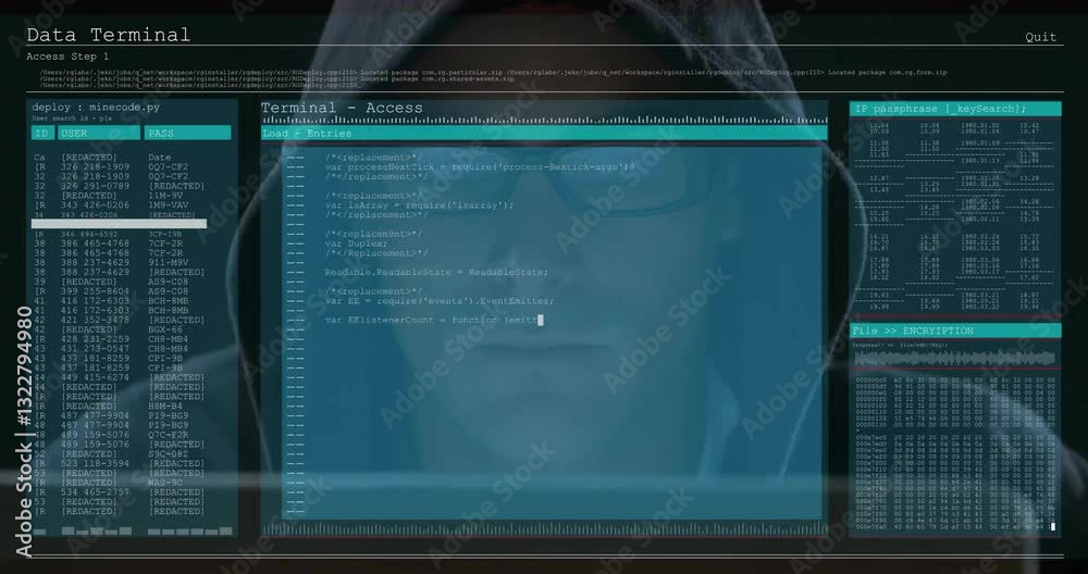 Poster working on animation, hacker in hooded jacket coding on computer screen