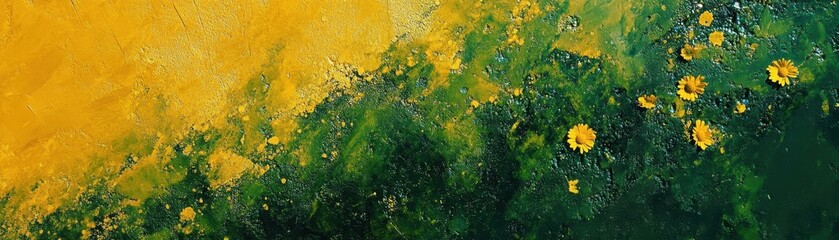 Vibrant painting featuring a dynamic blend of yellow and green hues, creating an energetic backdrop, elegantly framed by a bold black border that enhances its visual impact.