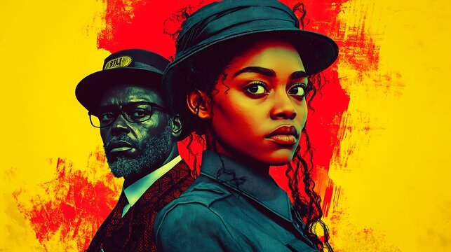 Two figures, dramatic portrait, vibrant colors, historical setting, for film/TV poster