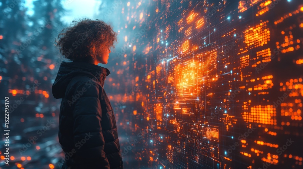 Poster A figure stands in front of a vibrant, glowing digital interface that visualizes complex quantum concepts. The atmosphere combines technology with natural elements, urging curiosity about physics.