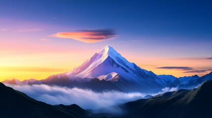 Fototapeta premium Majestic Sunrise Mountain Peak - Breathtaking sunrise over a snow-capped mountain peak, with clouds below. Serene and inspiring nature scene