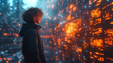 A figure stands in front of a vibrant, glowing digital interface that visualizes complex quantum concepts. The atmosphere combines technology with natural elements, urging curiosity about physics.